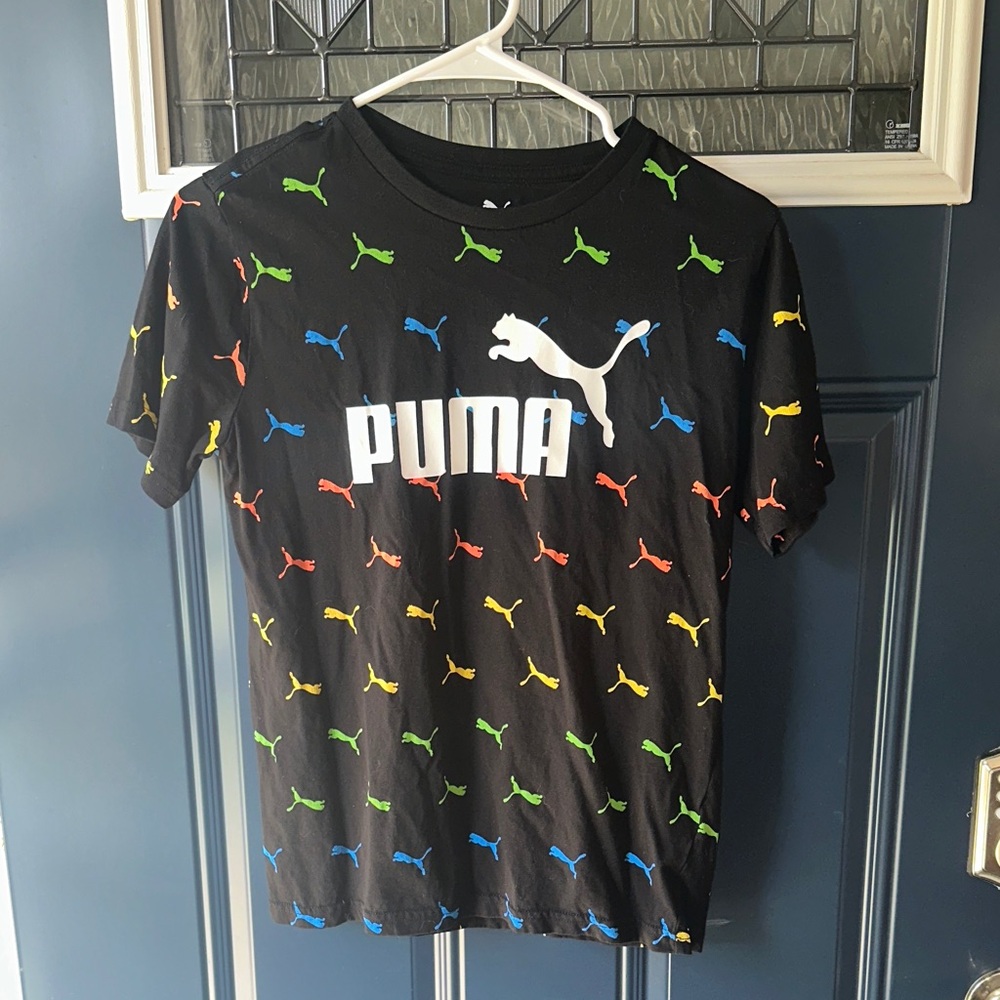 Puma Black Tee with Multicolor Logo Pattern